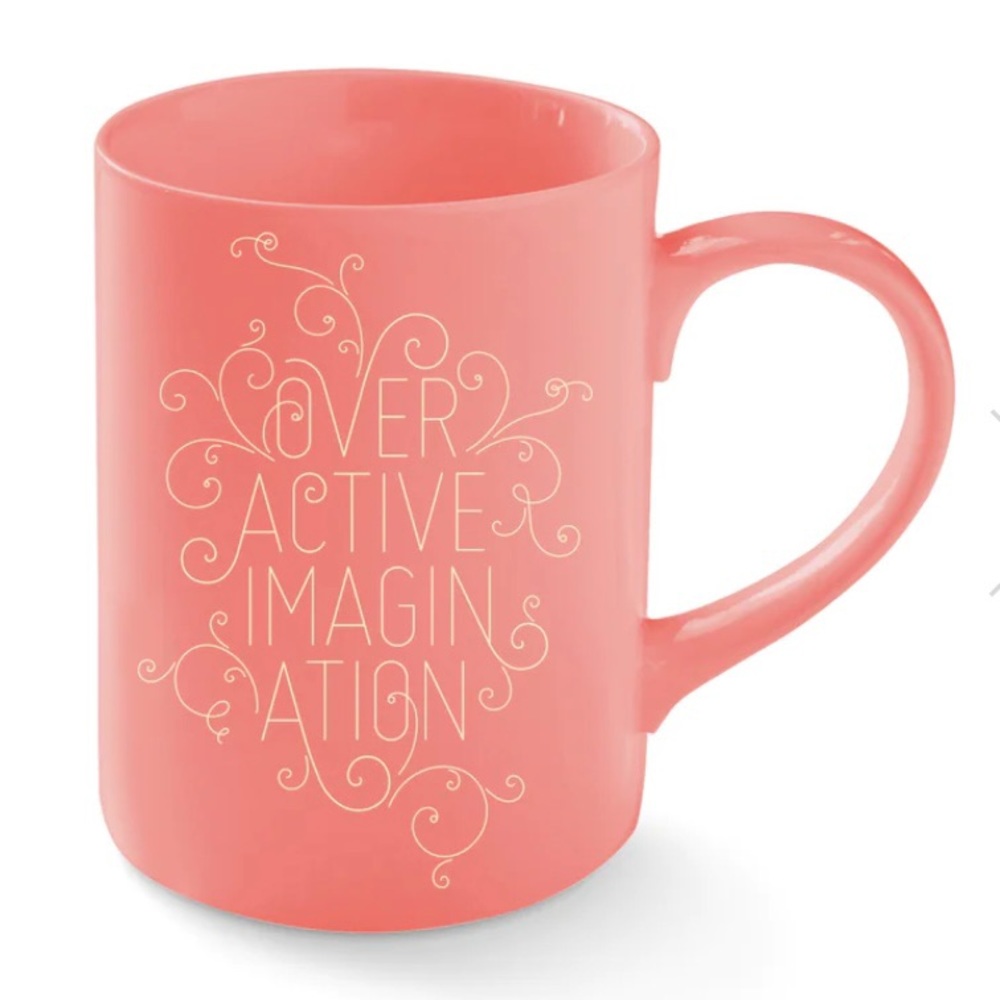 Fringe Studio Overactive Imagination Pink Mug Gold Deco Script